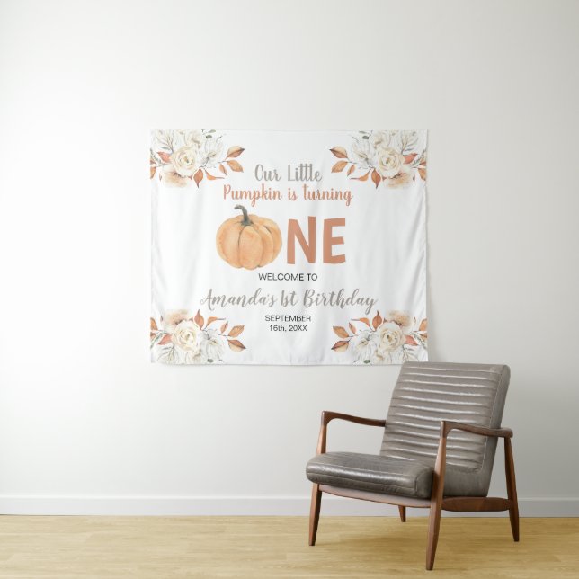 Orange Pumpkin 1st Birthday Rustic Floral Welcome Tapestry (In Situ (Horizontal))