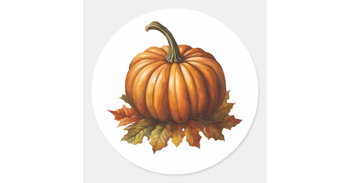 Orange Pumpkin and Autumn Leaves Classic Round Sticker | Zazzle
