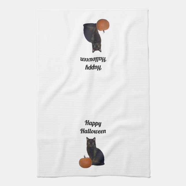 Orange Pumpkin and Black Cat Happy Halloween Kitchen Towel (Vertical)
