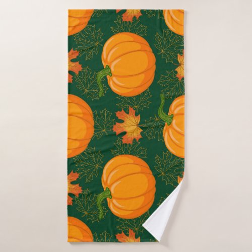 Orange Pumpkin Autumn Leaves Pattern Bath Towel