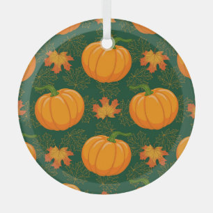 Orange Pumpkin Autumn Leaves Pattern Glass Ornament