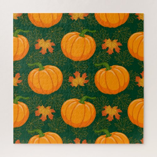 Orange Pumpkin Autumn Leaves Pattern Jigsaw Puzzle