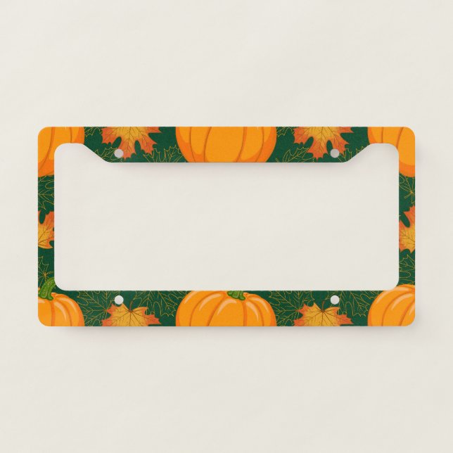 Orange Pumpkin Autumn Leaves Pattern License Plate Frame (Front)