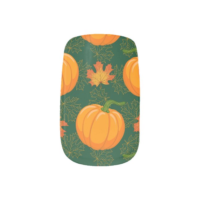 Orange Pumpkin Autumn Leaves Pattern Minx Nail Art (Left Thumb)