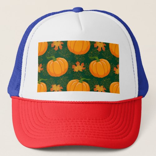 Orange Pumpkin Autumn Leaves Pattern Trucker Hat