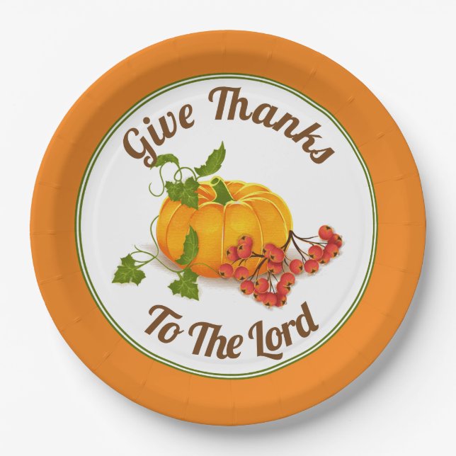 Orange pumpkin, berries, leaves fall Thanksgiving Paper Plates (Front)