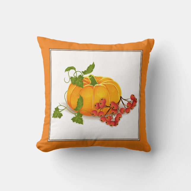 Orange pumpkin, berries, leaves fall Thanksgiving Throw Pillow (Front)