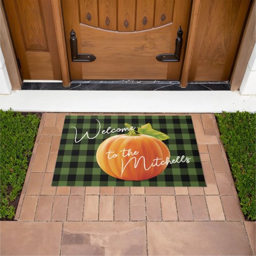 Orange Pumpkin Black Green Check Pattern Welcome Doormat