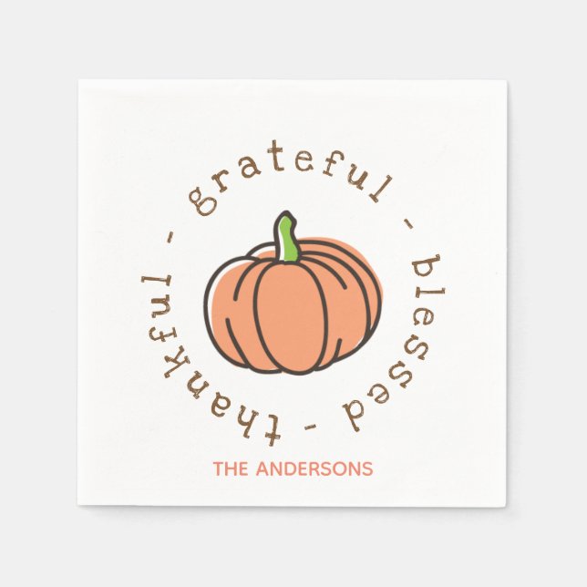 Orange Pumpkin Blessed Personalized Thanksgiving Napkins (Front)