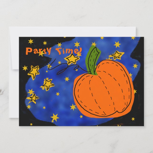 Orange Pumpkin Blue Starry Night Gold Stars Invitation (Front)