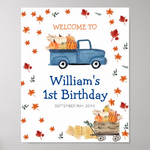 Orange Pumpkin Blue Truck Birthday Welcome Sign