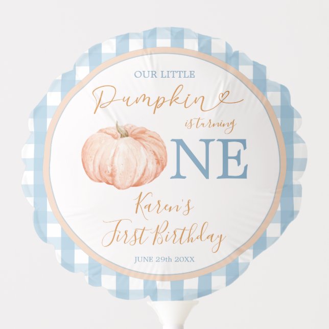 Orange Pumpkin Boho Blue Gingham 1st Birthday Balloon (Front)
