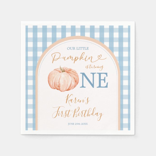 Orange Pumpkin Boho Blue Gingham 1st Birthday Napkins (Front)