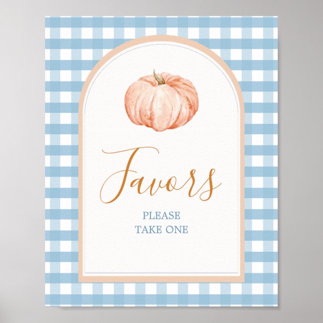 Orange Pumpkin Boho Blue Gingham Favors Sign (Front)