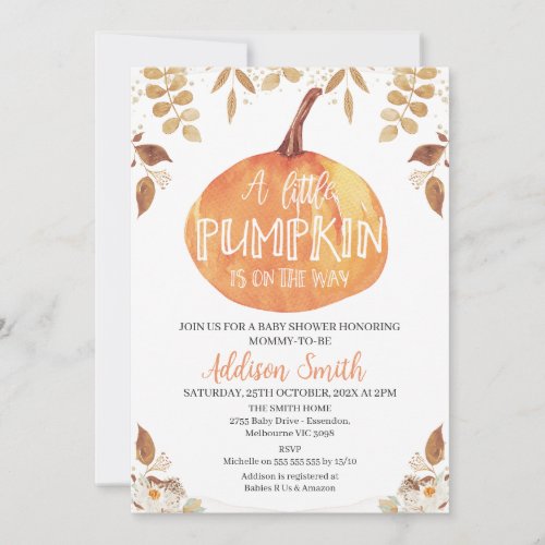 Orange Pumpkin Brown Foliage Baby Shower  Invitation