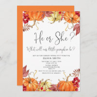 Orange pumpkin fall gender reveal invitation