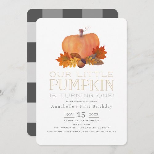 Orange Pumpkin Fall Leaves 1st Birthday Invitation