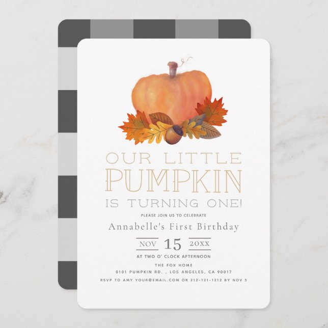 Orange Pumpkin Fall Leaves 1st Birthday Invitation (Front/Back)