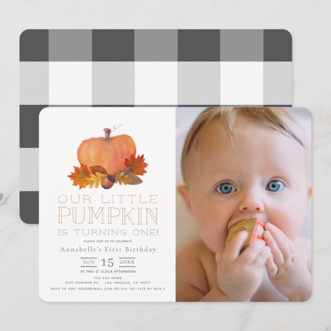 Orange Pumpkin Fall Leaves 1st Birthday Photo Invitation (Front/Back)