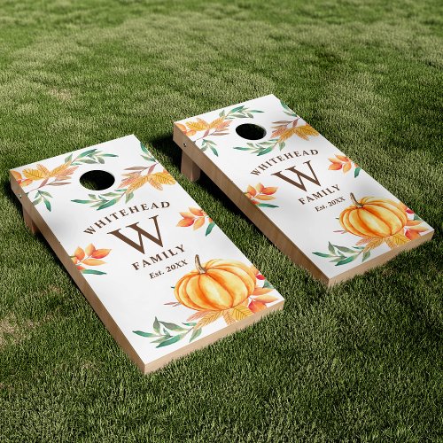 Orange Pumpkin Fall Leaves Monogram Cornhole Set