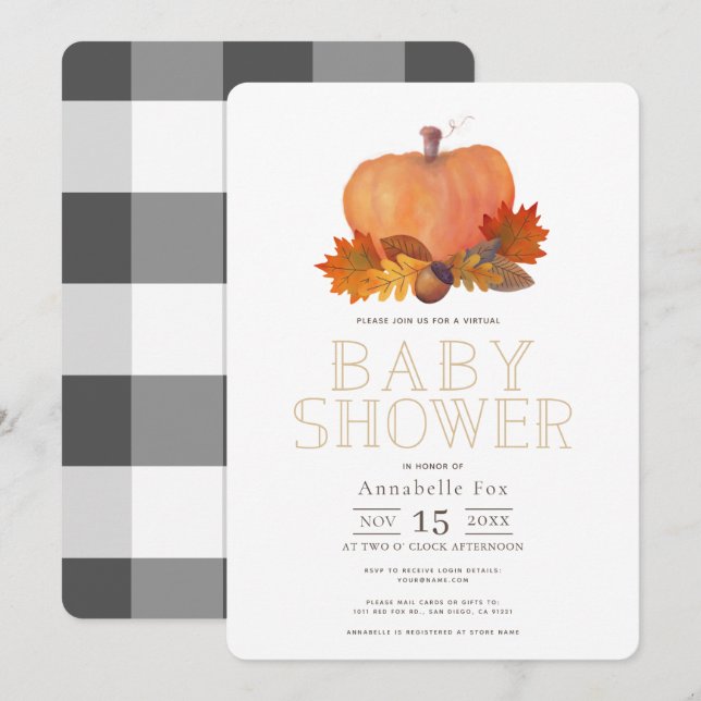 Orange Pumpkin Fall Leaves Virtual Baby Shower Invitation (Front/Back)