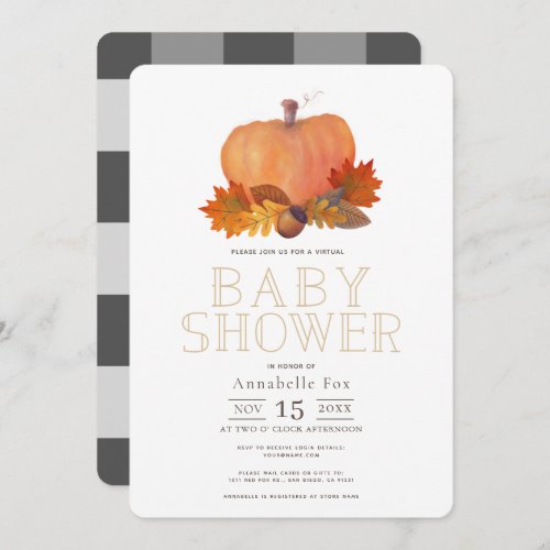 Orange Pumpkin Fall Leaves Virtual Baby Shower Invitation
