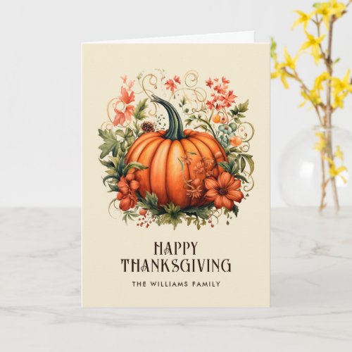 Orange Pumpkin Floral Photo Happy Thanksgiving Card