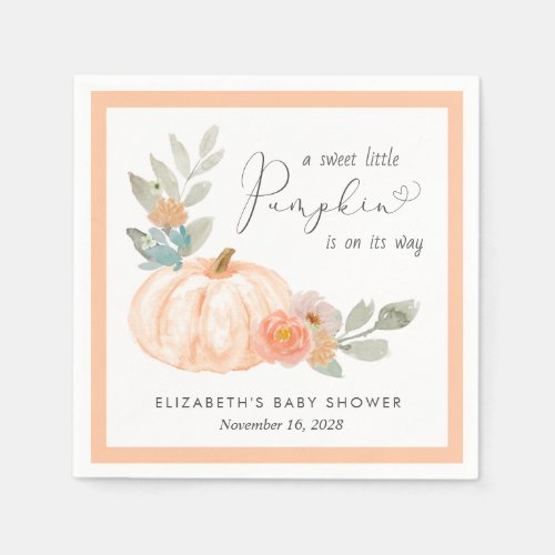 Orange Pumpkin Floral Watercolor Baby Shower Napkins