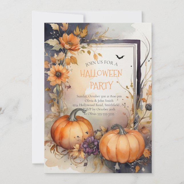 Orange Pumpkin Flowers Halloween Party  Invitation (Front)