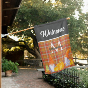 Orange Pumpkin Gnomes House Fall Plaid  Flag