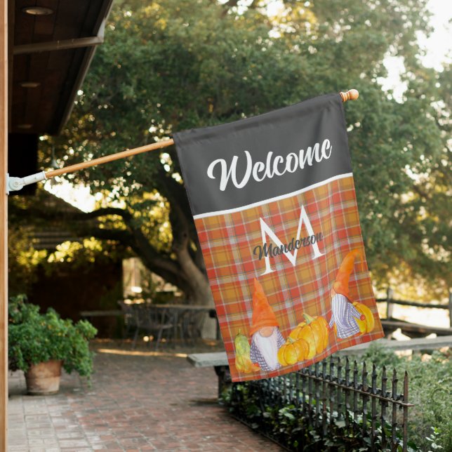 Orange Pumpkin Gnomes House Fall Plaid  Flag (In SItu)