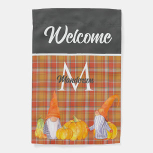 Orange Pumpkin Gnomes House Fall Plaid Garden Flag