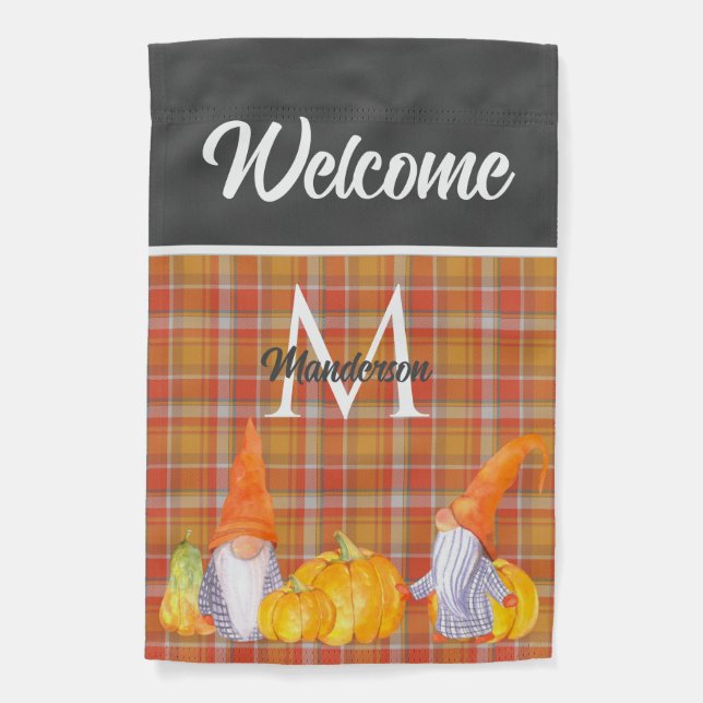 Orange Pumpkin Gnomes House Fall Plaid Garden Flag (Front)