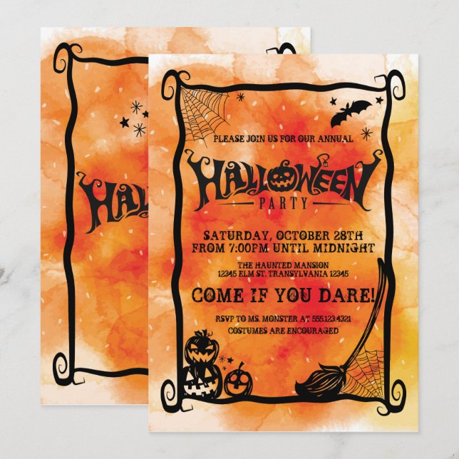 Orange Pumpkin Halloween Party Invitation (Front/Back)