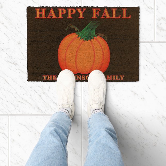 Orange Pumpkin Happy Fall Family Name Fiber Doormat (Insitu)