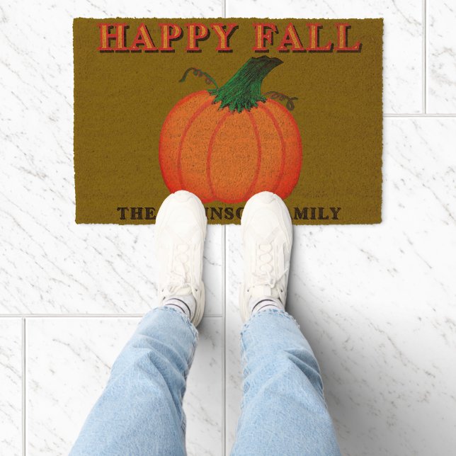 Orange Pumpkin Happy Fall Family Name Fiber Doormat (Insitu)