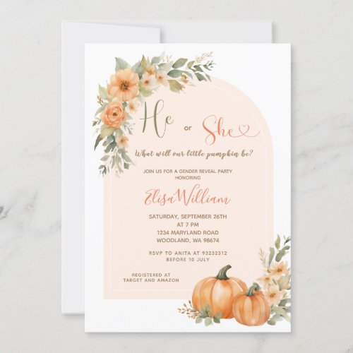 Orange Pumpkin He or She Fall Floral Gender Reveal Invitation