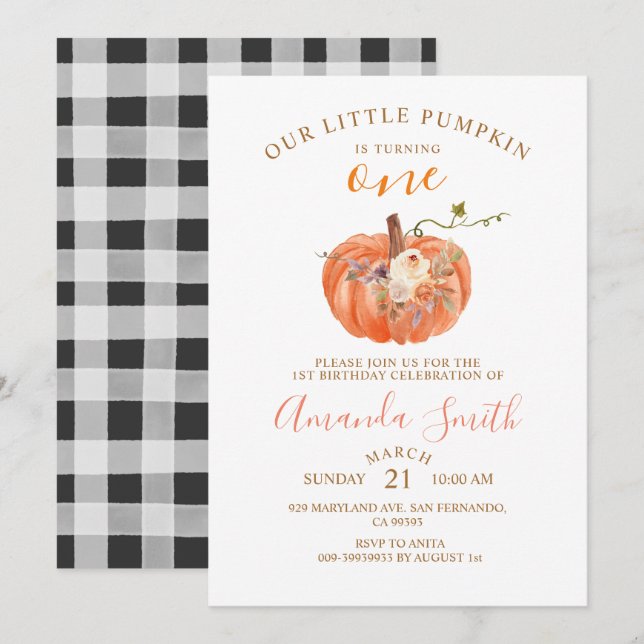 Orange Pumpkin Is Turning ONE Birthday Floral Invi Invitation (Front/Back)