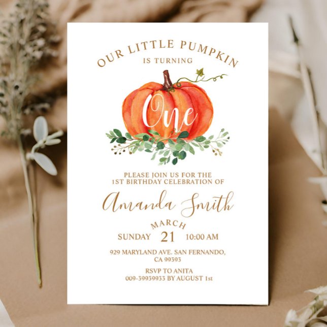 Orange Pumpkin Is Turning ONE Birthday Floral Invi Invitation (Creator Uploaded)