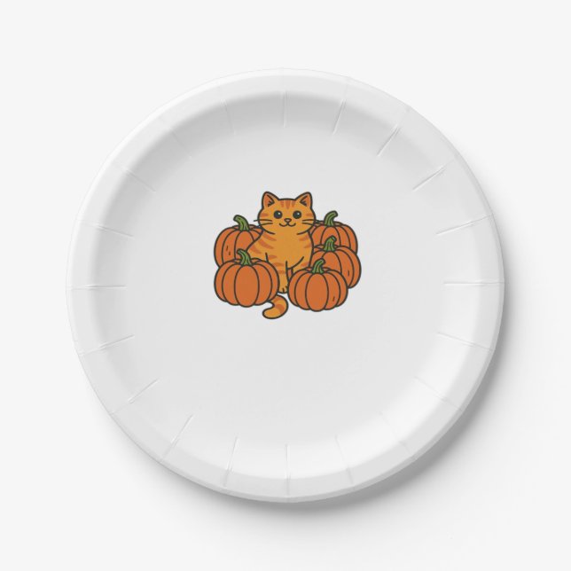 Orange Pumpkin Kitty Cat Magic Oversized T-Shirt Paper Plates (Front)