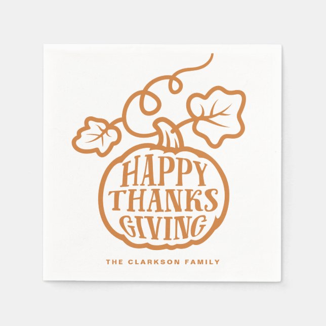 Orange Pumpkin Lettering Happy Thanksgiving  Napkins (Front)