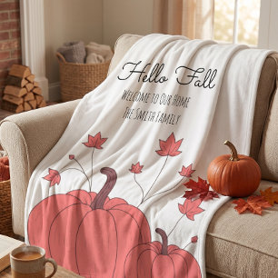 Orange Pumpkin Maple Leaf Hello Fall Family Name  Fleece Blanket