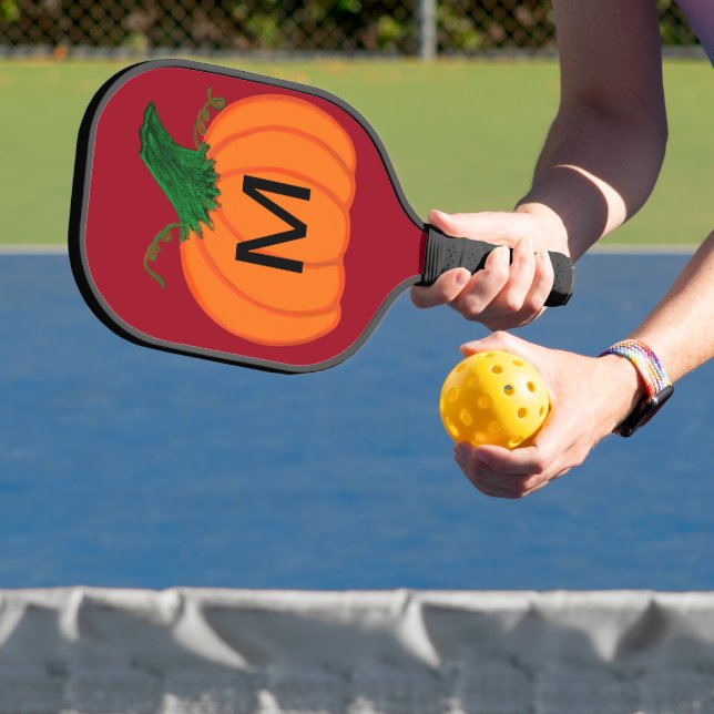 Orange Pumpkin Monogram Black Deep Red Pickleball Paddle (Insitu)