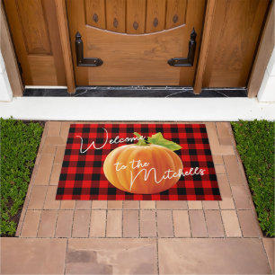 Orange Pumpkin On Black Red Check Pattern Welcome Doormat