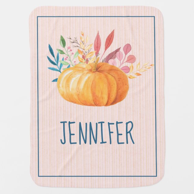 Orange Pumpkin on Pink and Gold Stripes Baby Blanket (Front)