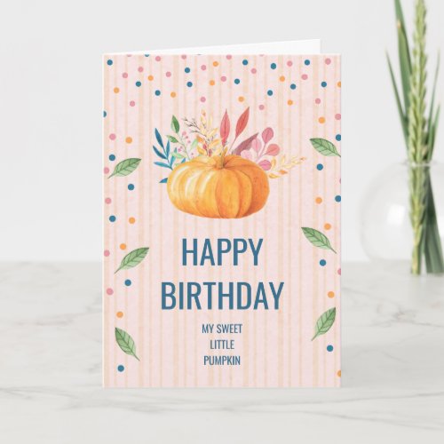 Orange Pumpkin on Pink and Gold Stripes Birthday Card