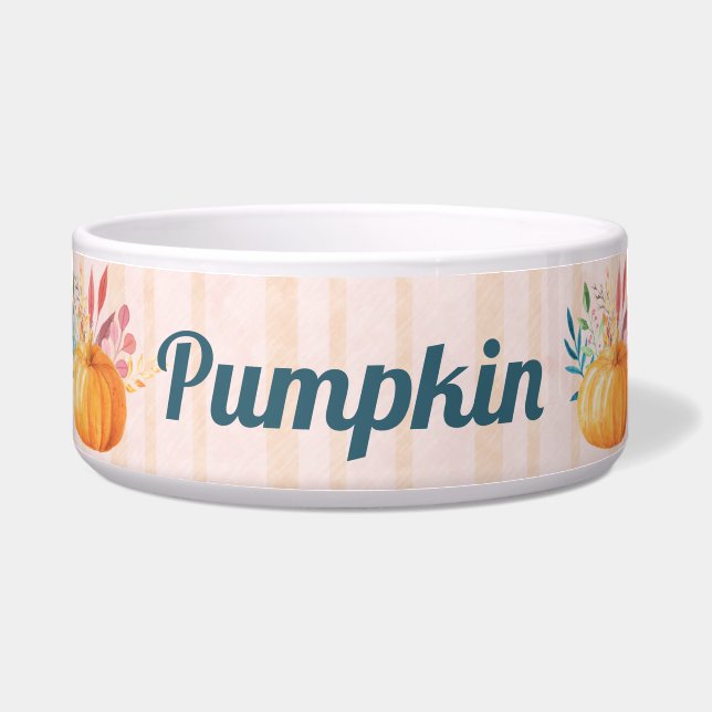 Orange Pumpkin on Pink and Gold Stripes Bowl (Front)