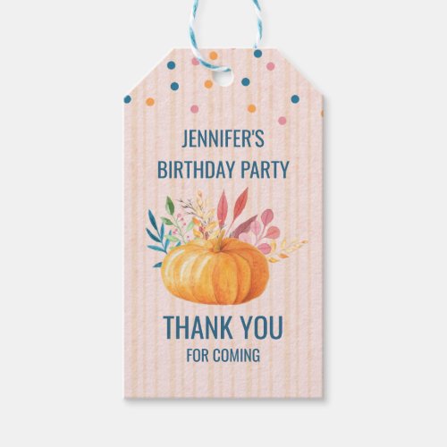 Orange Pumpkin on Pink and Gold Stripes Gift Tags