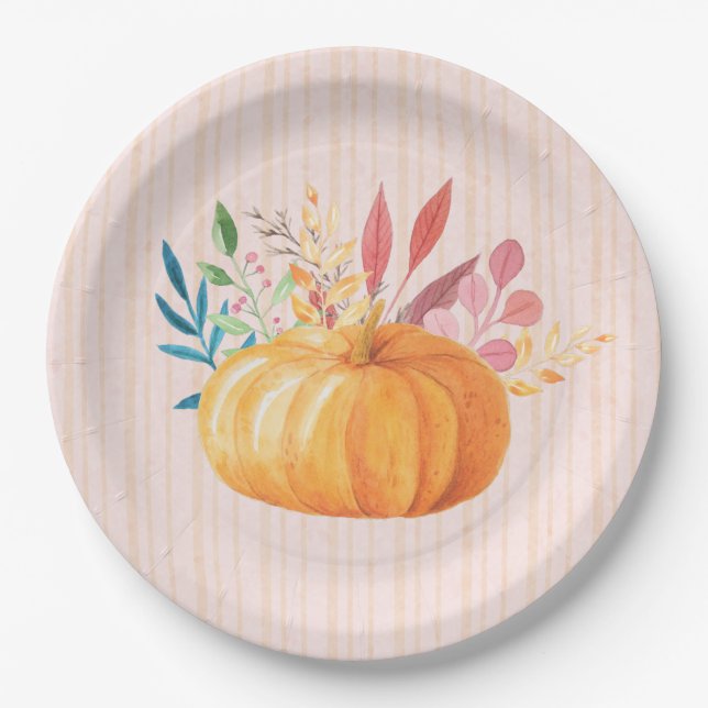 Orange Pumpkin on Pink and Gold Stripes Paper Plates (Front)