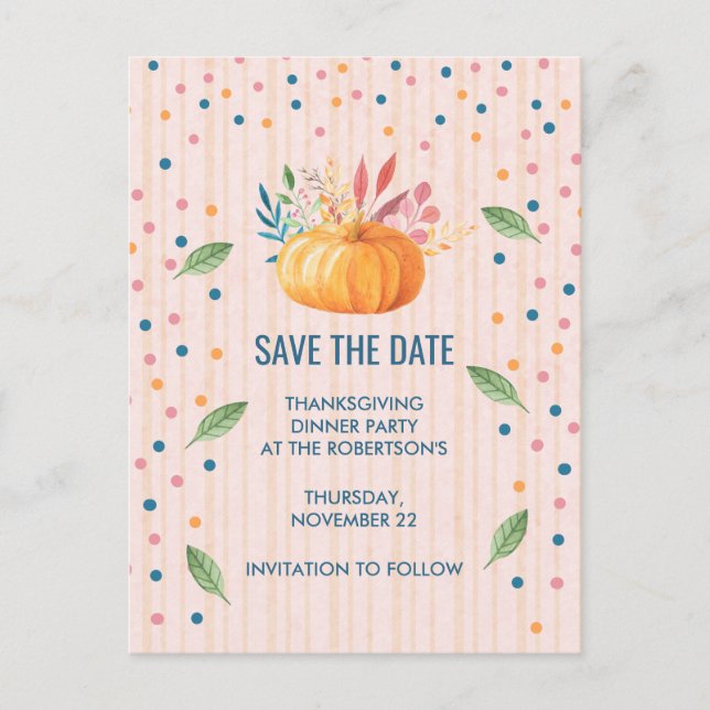 Orange Pumpkin on Pink and Gold Stripes STD Announcement Postcard (Front)